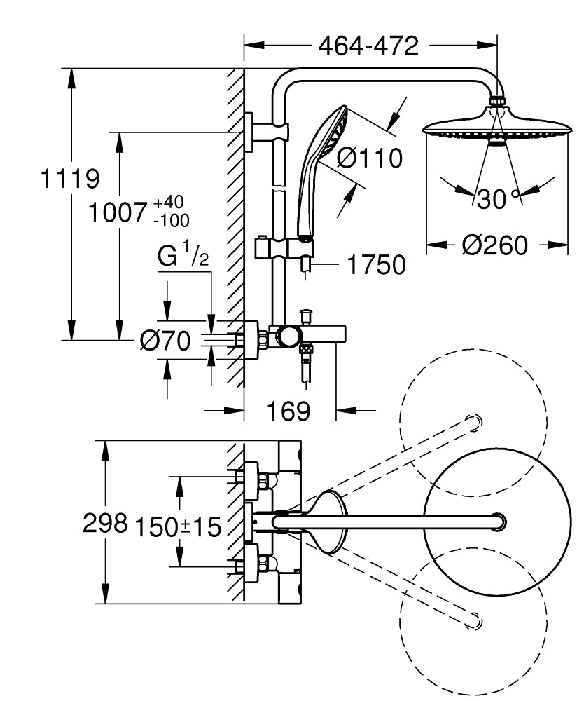 GROHE 26114002 Euphoria System 260 Shower System With Bath Thermostat For Wall Mounting