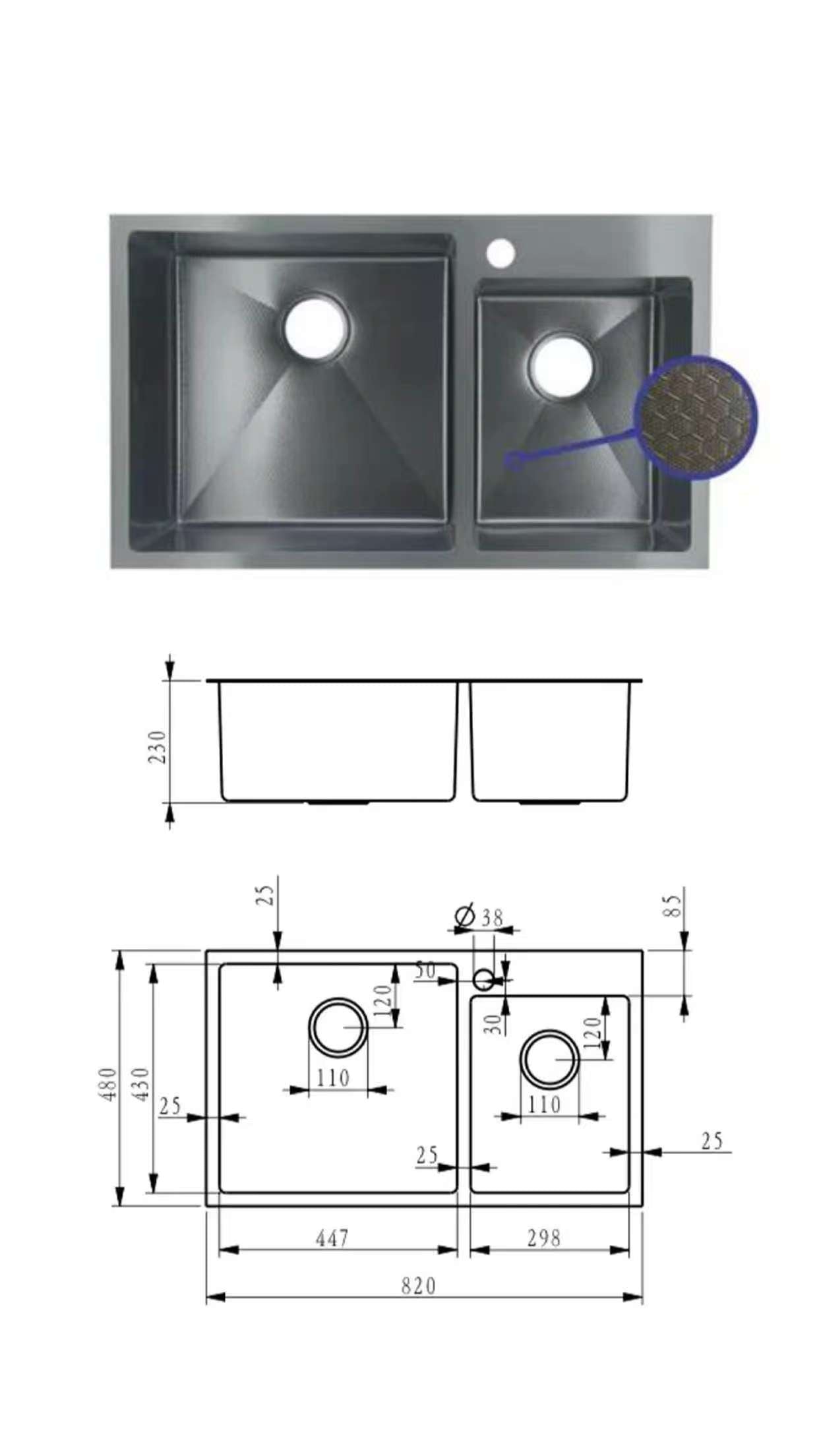 Fidelis Black Honeycomb kitchen sink (Double Bowl)