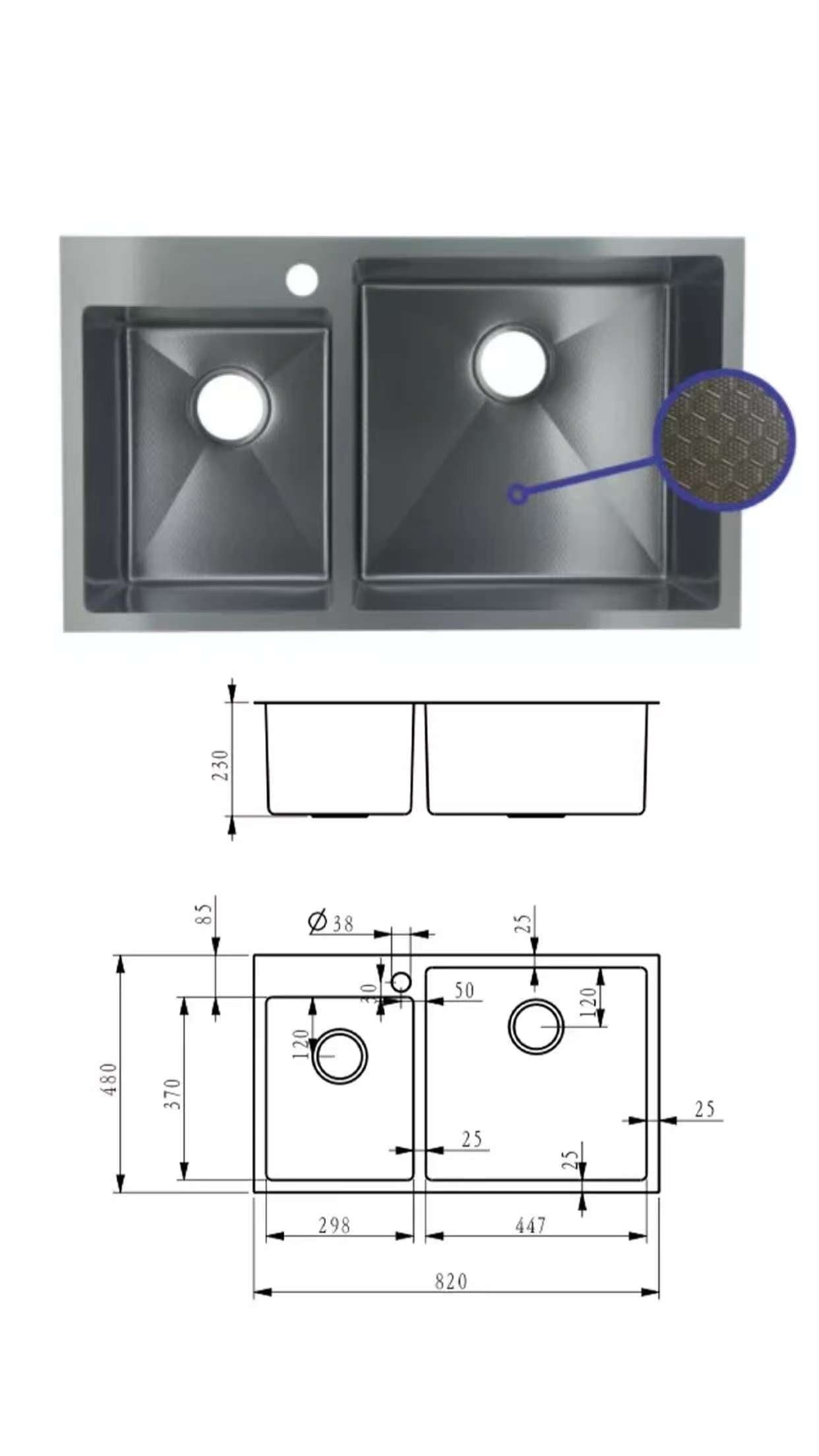 Fidelis Black Honeycomb kitchen sink (Double Bowl)