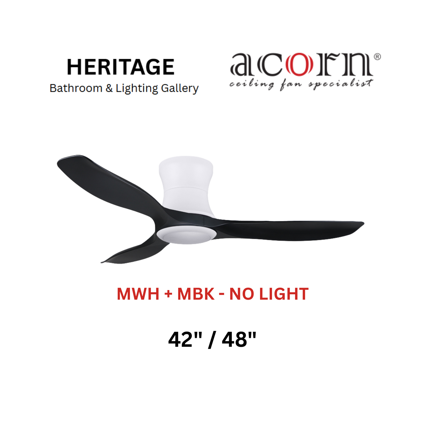 Acorn DC-168H MWH + MBK Without Light Ceiling Fan