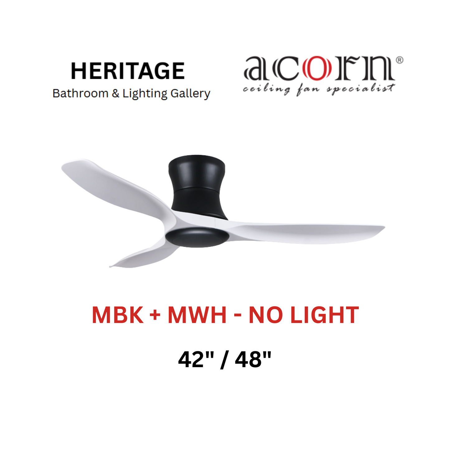 Acorn DC-168H MBK+MWH No Light Ceiling Fan