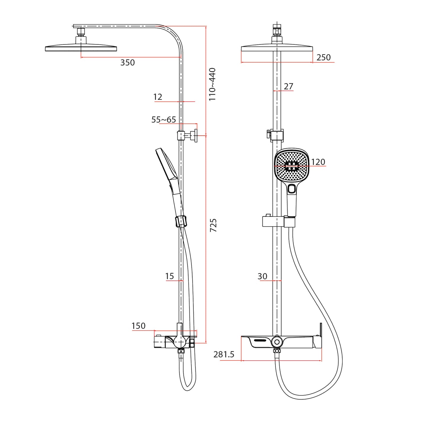 RUBINE RSC-DECKOS-F4-BK SERIES RAINSHOWER SET