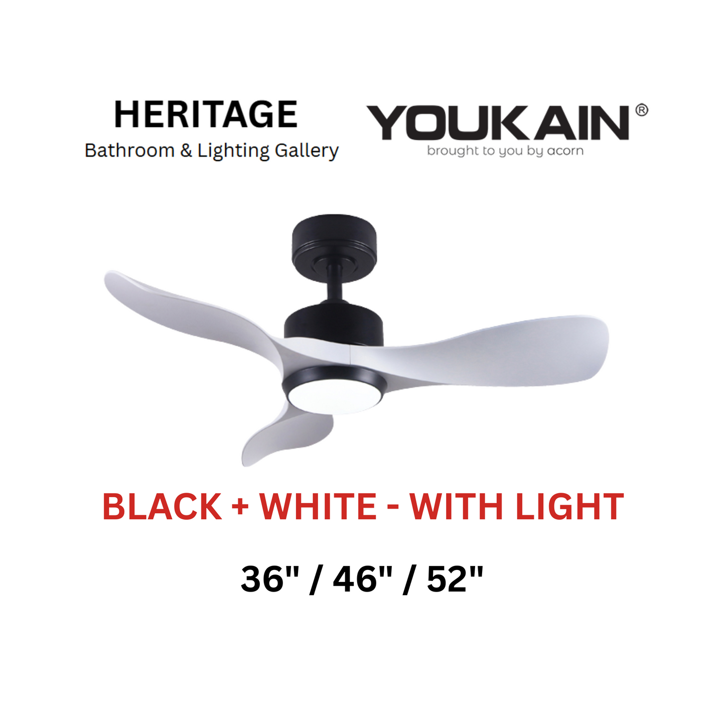 Youkain YJ-668 Black + White With Light Ceiling Fan