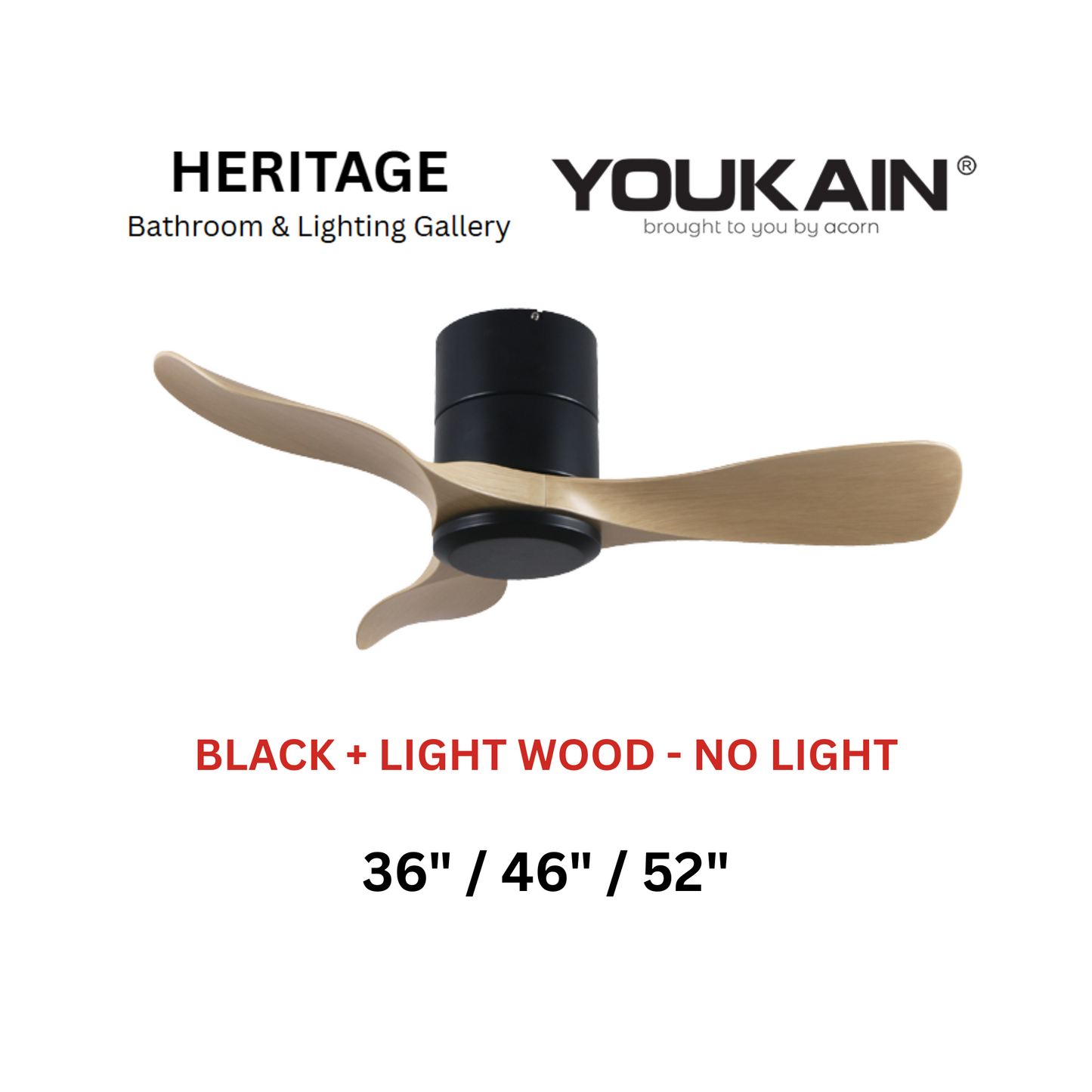 Youkain YJ-668H Black + Light Wood No Light Ceiling Fan