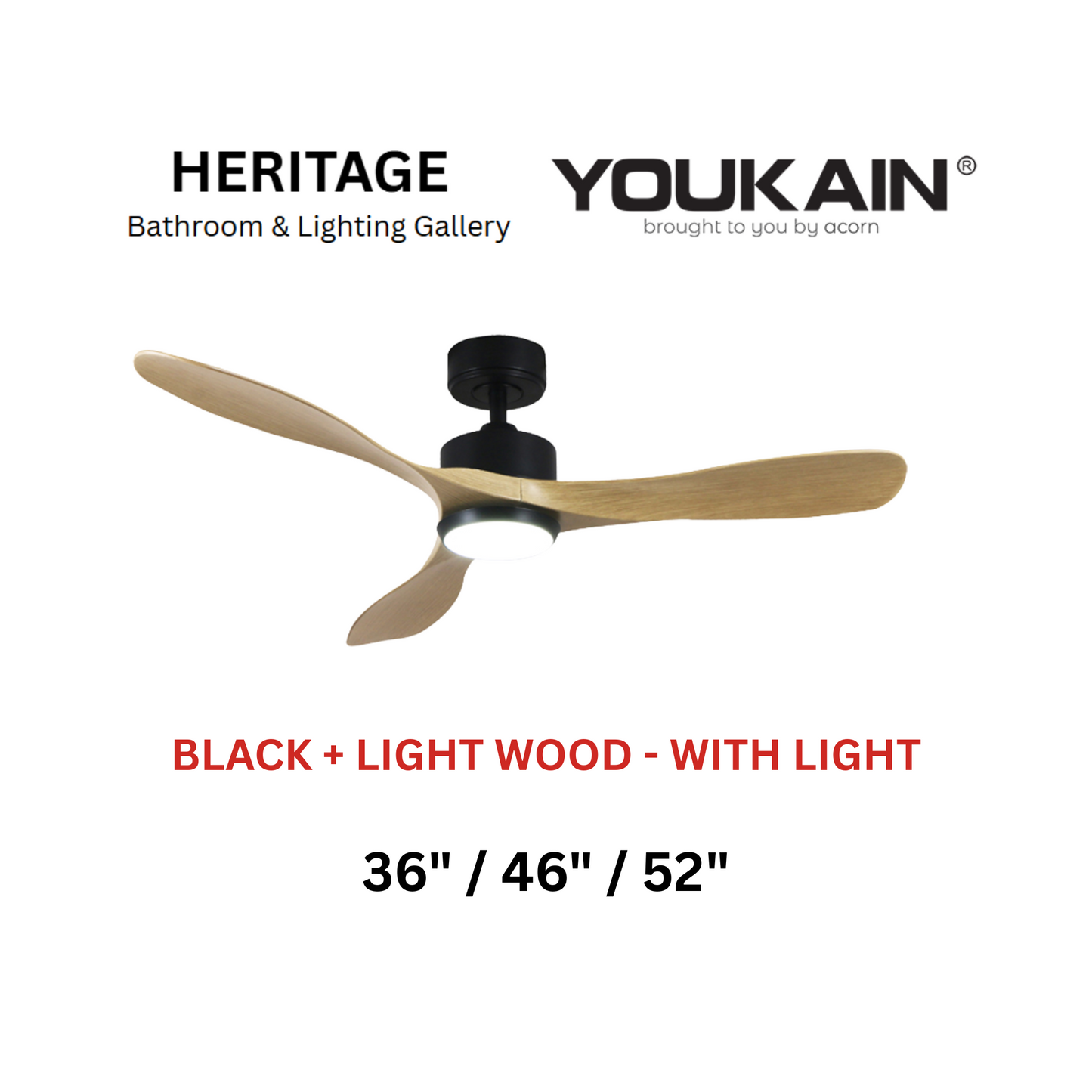Youkain YJ-668 Black + Light Wood With Light Ceiling Fan