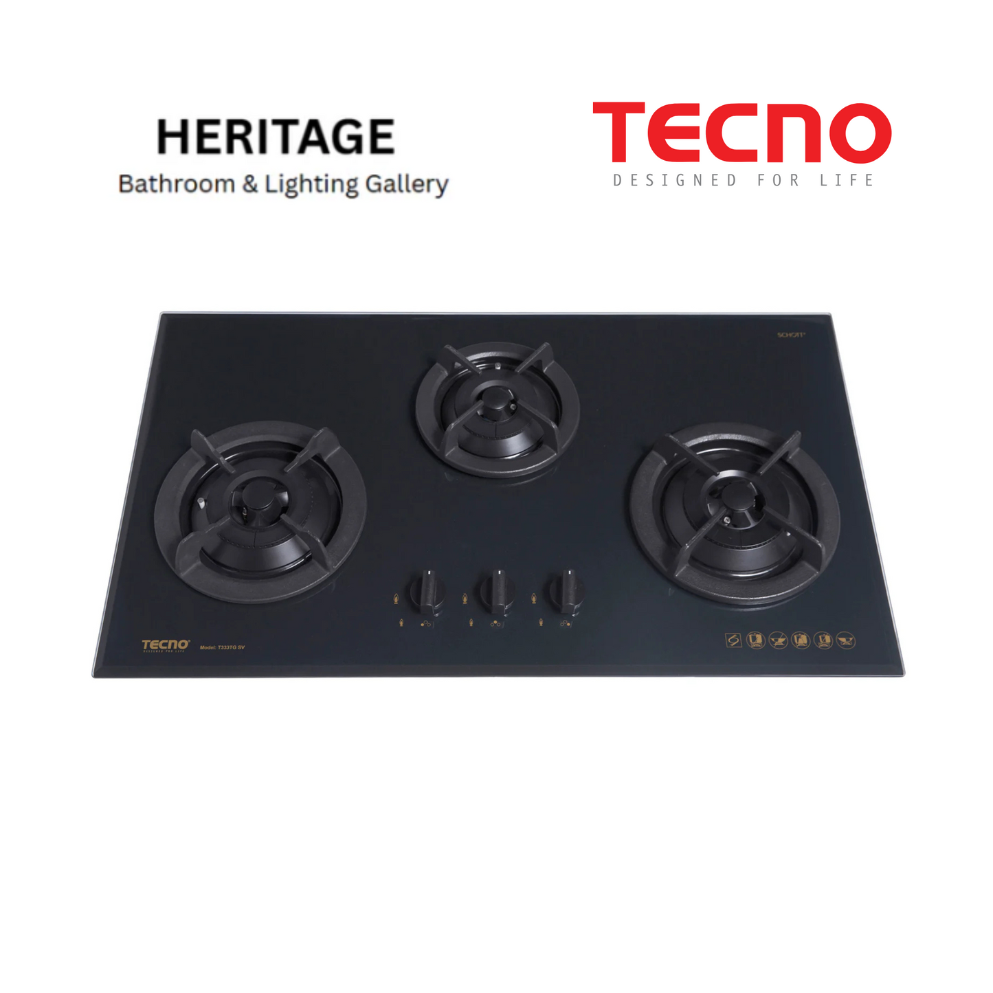 Tecno 3-Burner 86cm Tempered Glass Cooker Hob