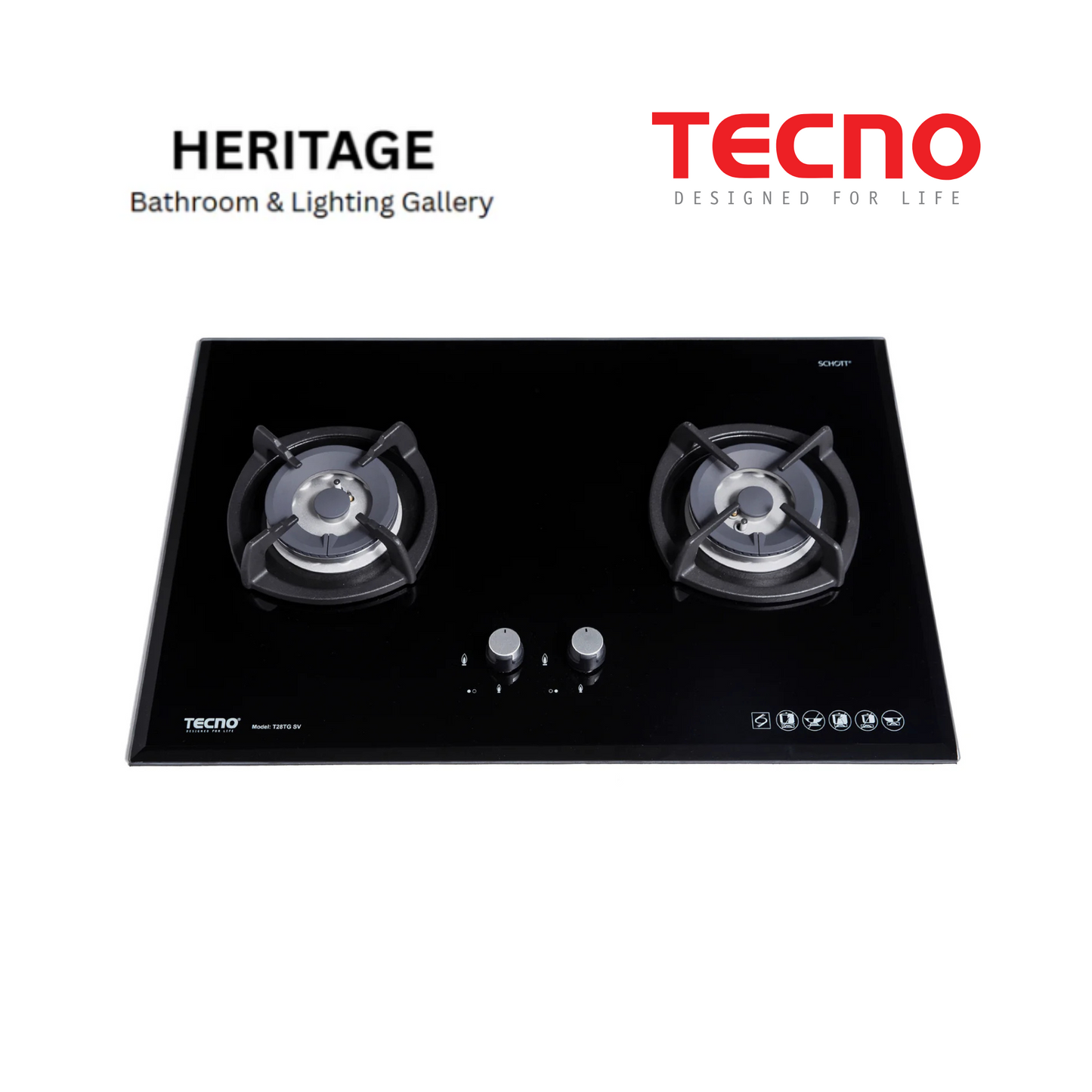 Tecno 2-Burner 75cm Glass Hob with Inferno Wok Burner Technology