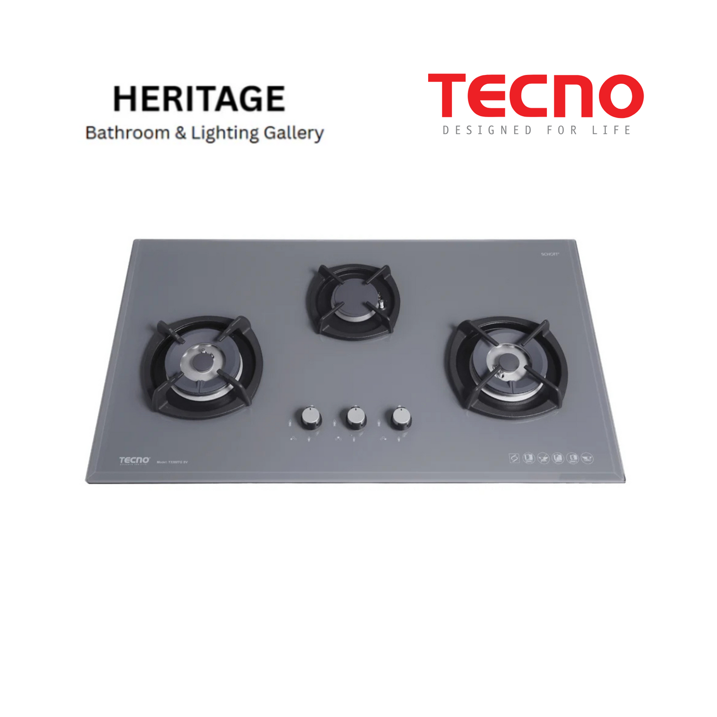 Tecno 3-Burner 88cm Glass Cooker Hob with Inferno Wok Burner Technology