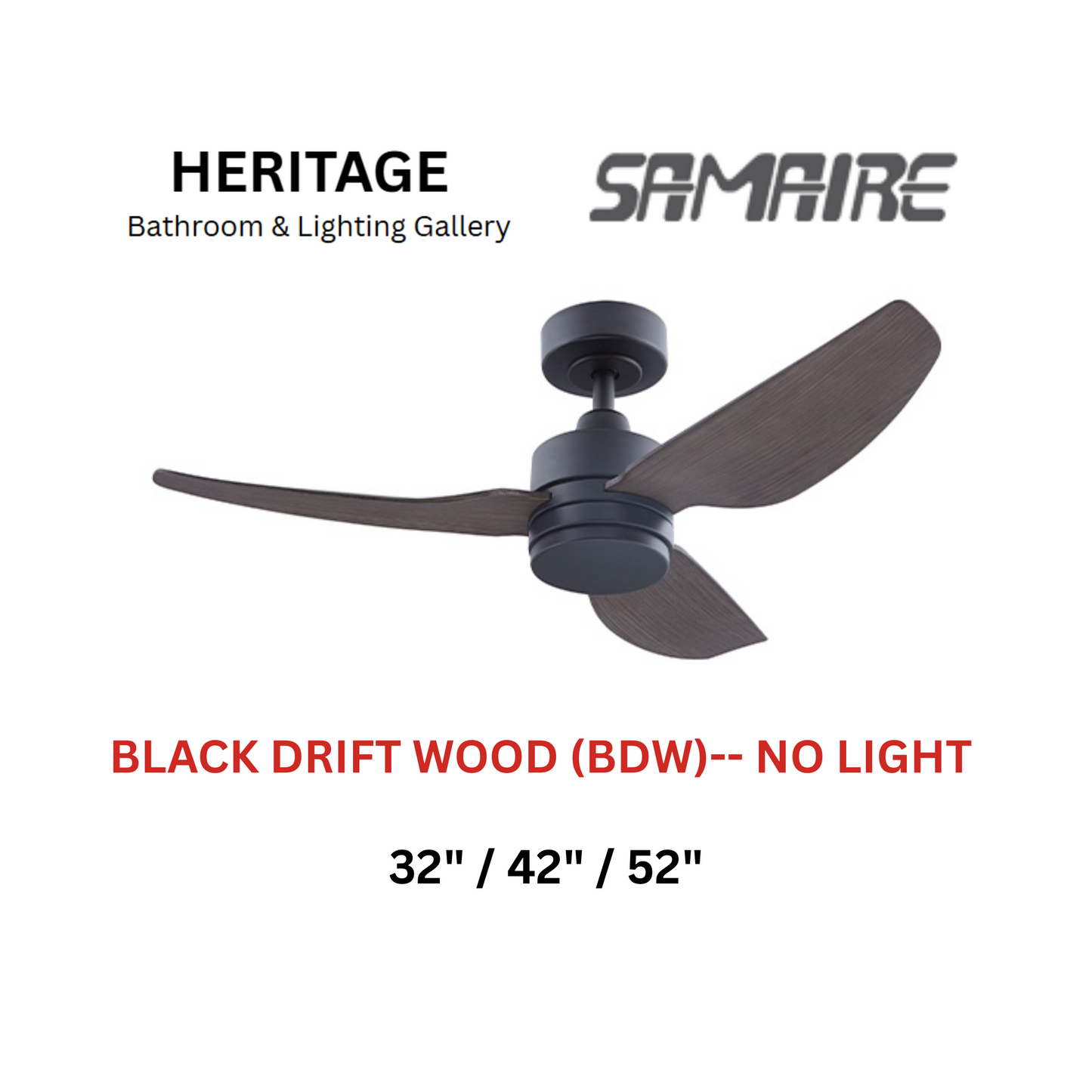 Samaire 3 Blade Black Drift Wood (BDW) No Light Ceiling Fan