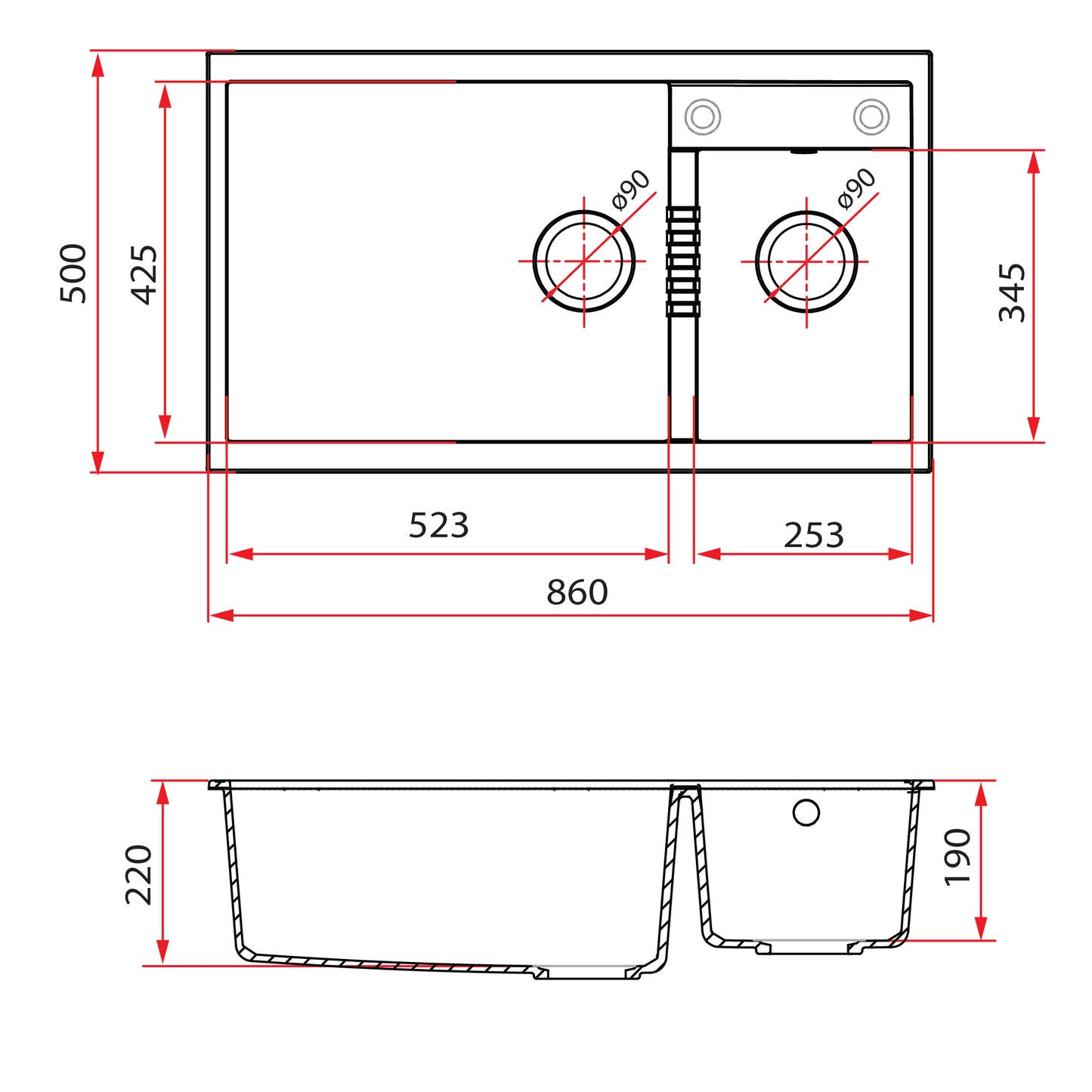 Rubine MEQ 860-86L (86CM) Top Mount Kitchen Sink