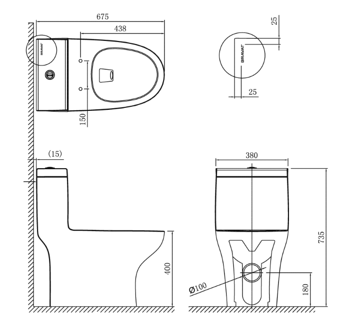 Bravat C21165XUW-P-ENG One-Piece Toilet Bowl (Jet Siphoinc Flush)