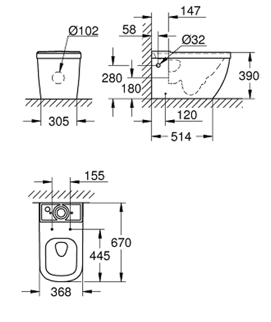 Grohe 3933800H +39330001 + 39332000 Two-Piece Toilet Bowl (Tornado Flush)