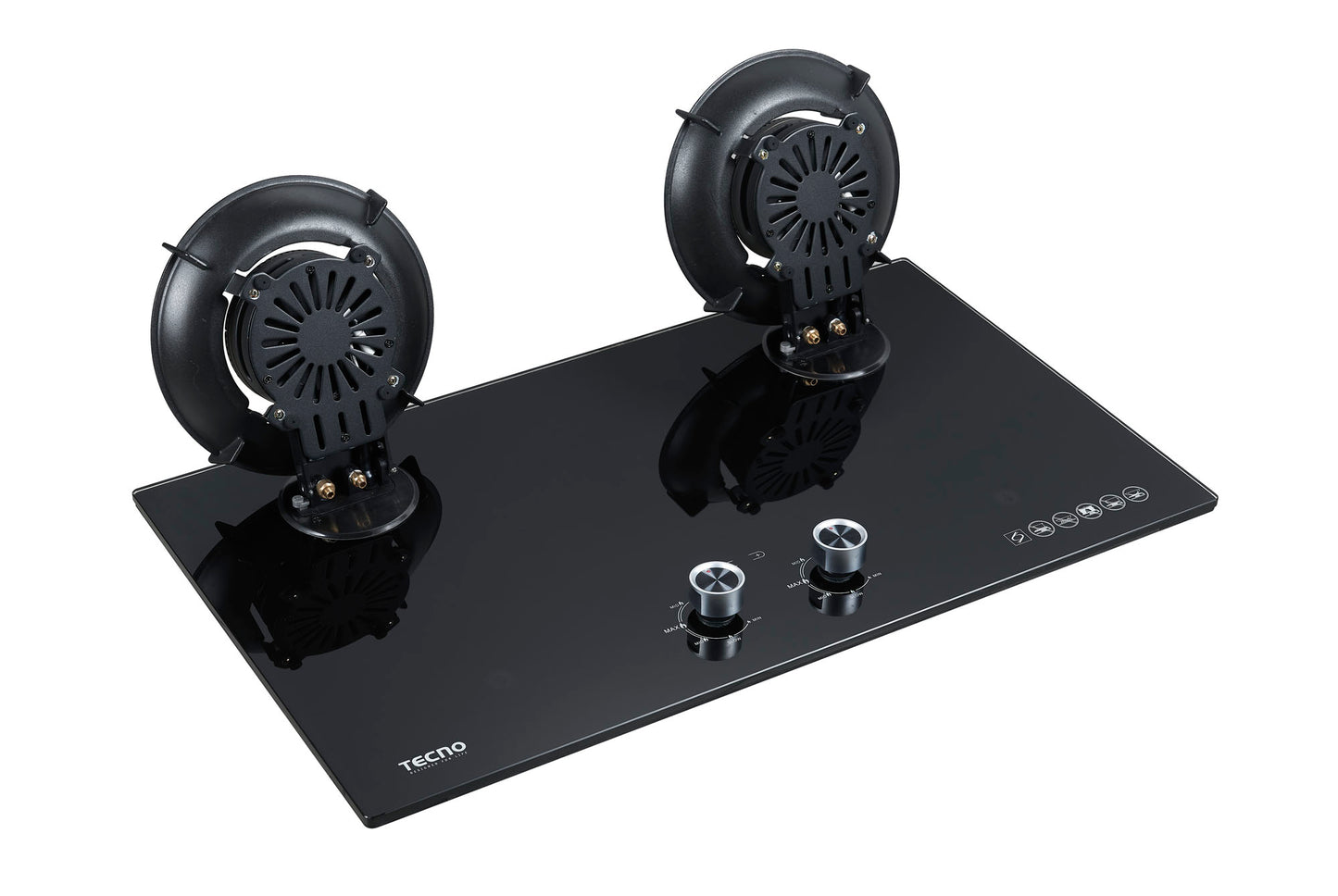 Tecno 2-Burner 76cm Tempered Glass Hob with Flip-Up Burners & Timer