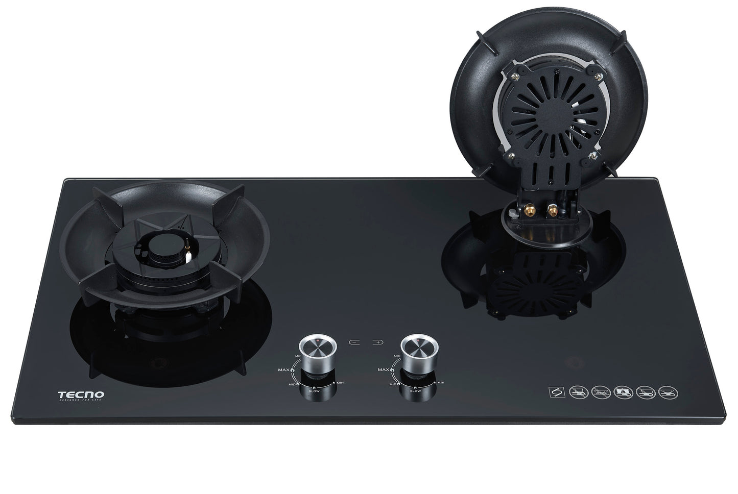 Tecno 2-Burner 76cm Tempered Glass Hob with Flip-Up Burners & Timer
