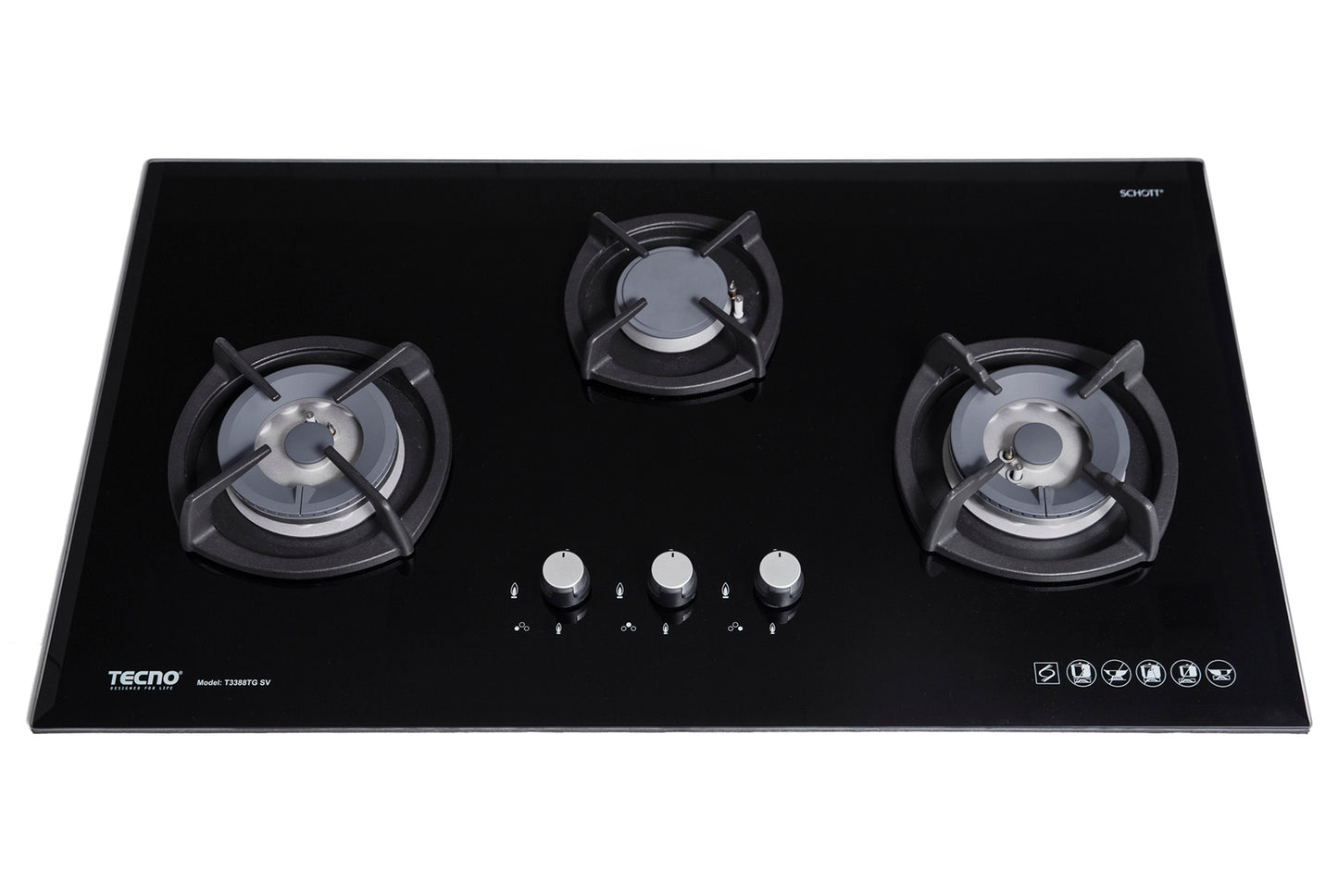 Tecno 3-Burner 88cm Glass Cooker Hob with Inferno Wok Burner Technology