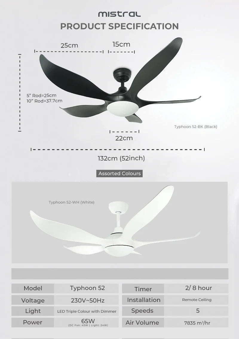 Mistral Typhoon 52 Black With Light Ceiling Fan