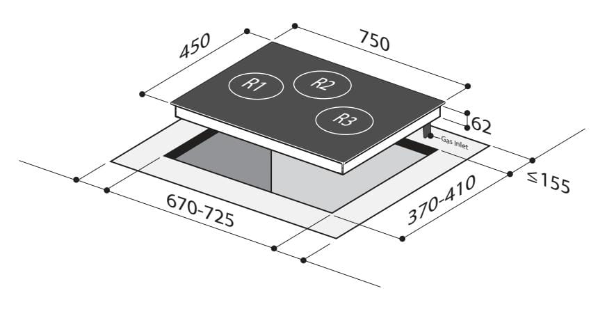 Mayer MMSS773HI 75cm 3 Burner Stainless Steel Gas Hob