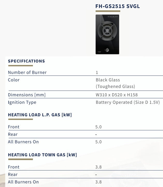 Fujioh FH-GS2515 SVGL Single Burner Domino Gas Hob (Black Glass)