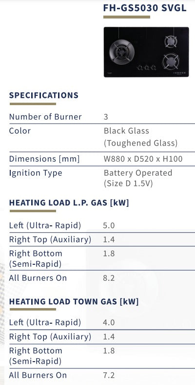 Fujioh FH-GS5030 SVGL 3 Burner Gas Hob (Black Glass)