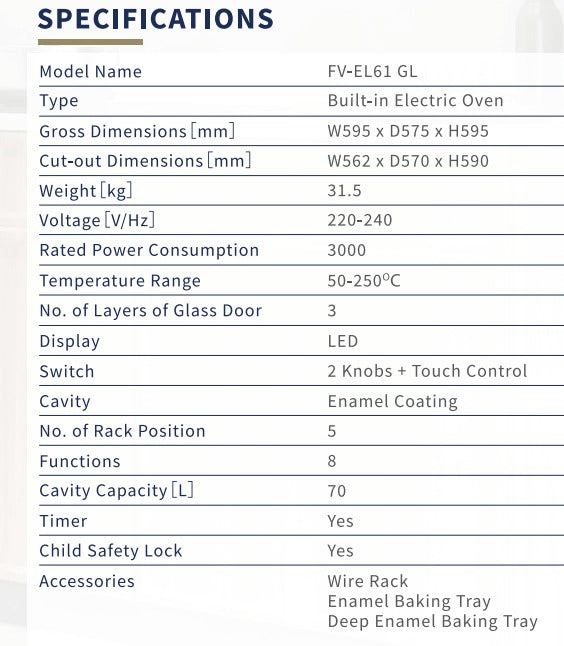 Fujioh FV-EL61GL 70L Built-In Oven With Enamel Coating