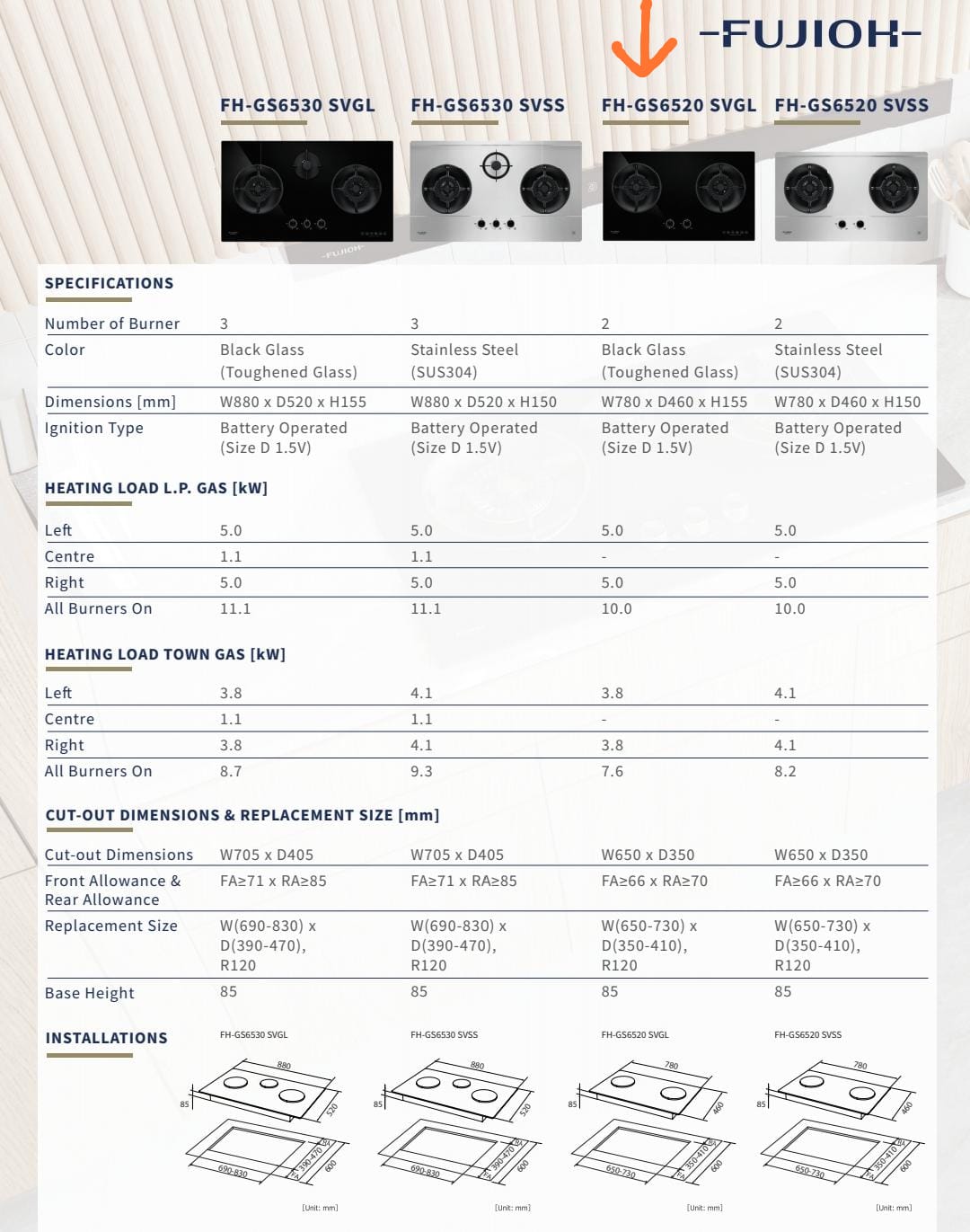Fujioh FH-GS6520 SVGL 2 Burner Gas Hob (Black Glass)