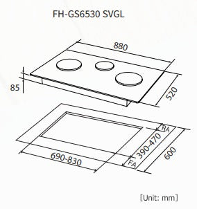 Fujioh FH-GS6530 SVGL 3 Burner Gas Hob (Black Glass)
