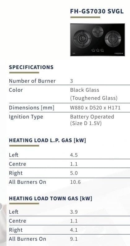 Fujioh FH-GS7030 SVGL 3 Burner Double Inner Flame Gas Hob (Black Glass)