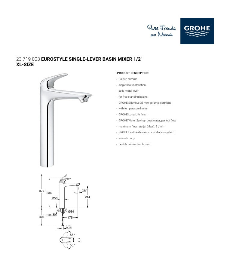 Grohe EuroStyle Single-Lever Tall Basin Mixer XL (23719003)