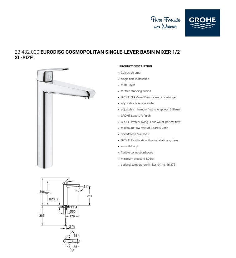 GROHE EuroDisc Cosmopolitan Single-Lever Tall Basin Mixer XL (23432000)