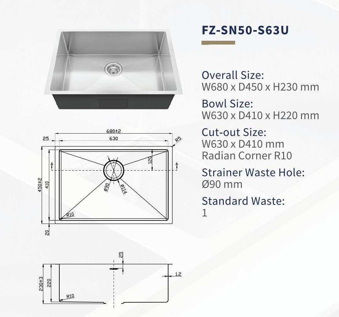 FUJIOH 68cm Single Bowl Undermount Stainless Steel Kitchen Sink (FZ-SN50-S63U)