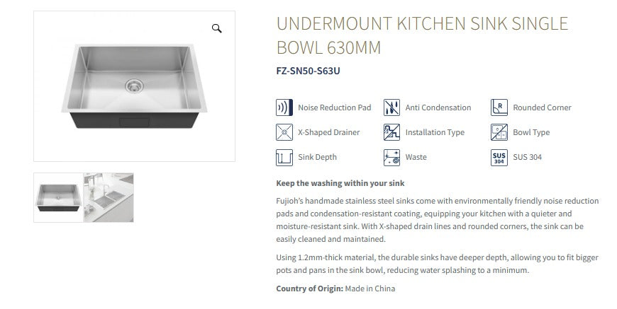 FUJIOH 68cm Single Bowl Undermount Stainless Steel Kitchen Sink (FZ-SN50-S63U)