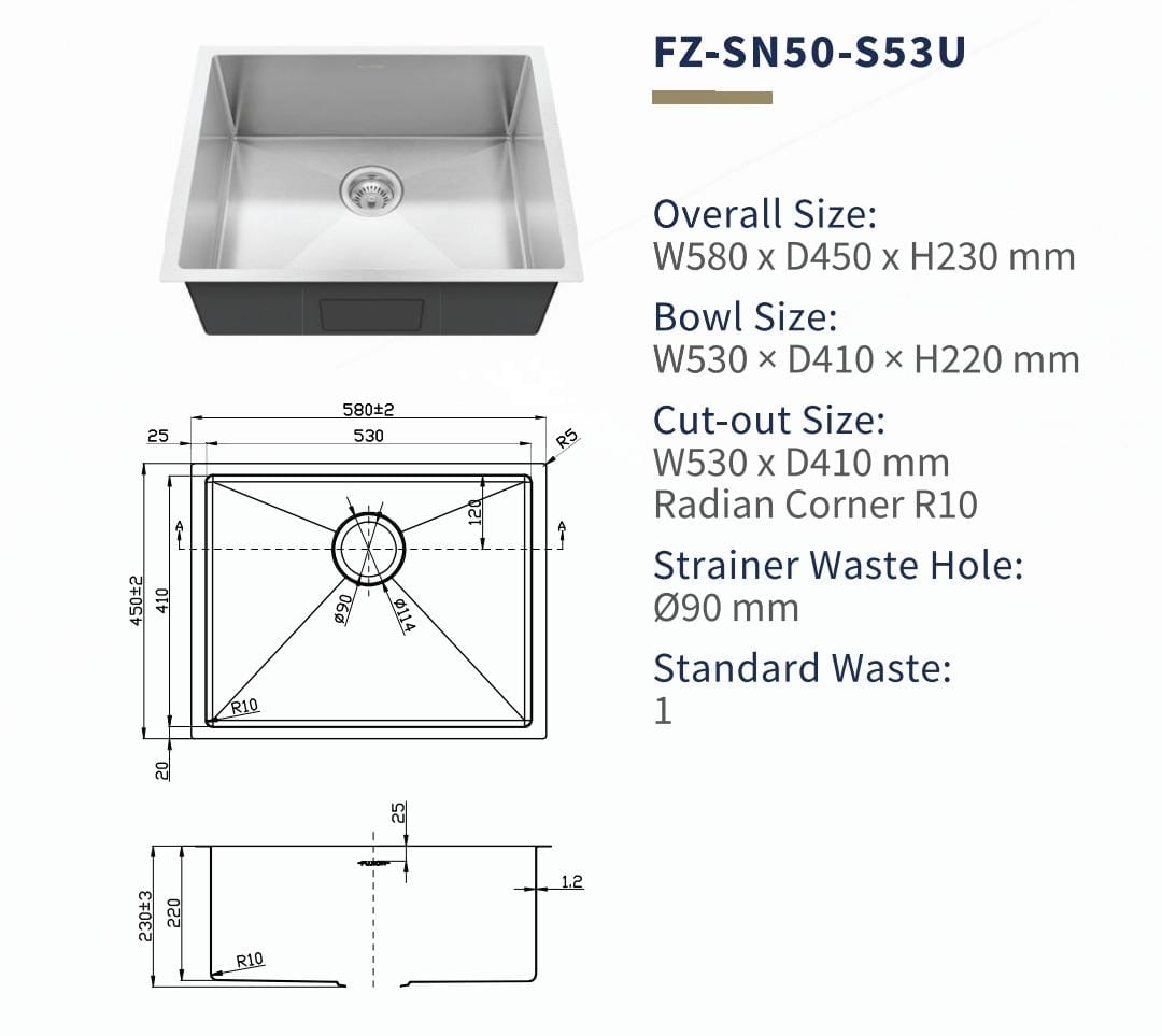 FUJIOH 58cm Single Bowl Undermount Stainless Steel Kitchen Sink (FZ-SN50-S53U)