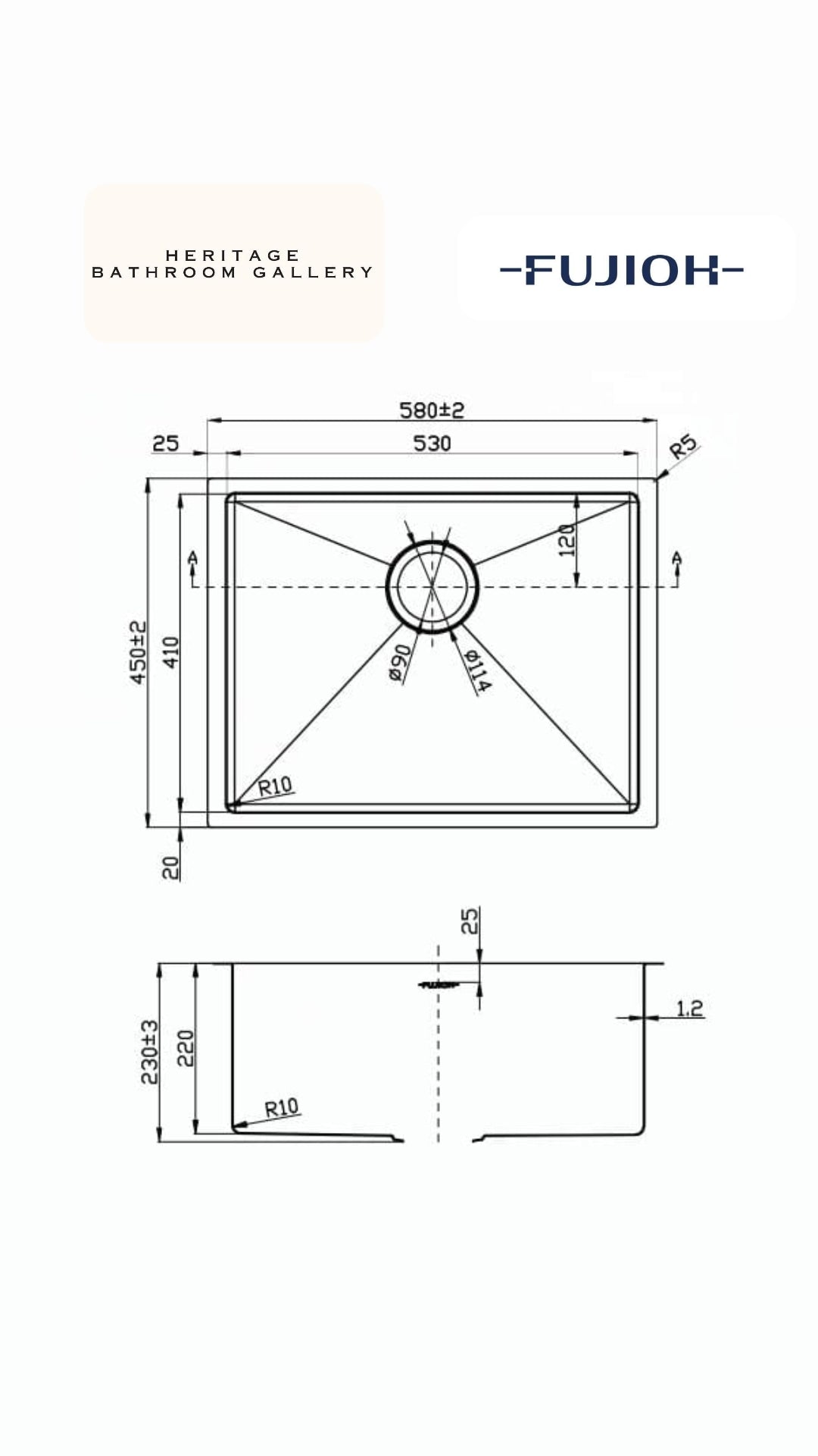 FUJIOH 58cm Single Bowl Undermount Stainless Steel Kitchen Sink (FZ-SN50-S53U)