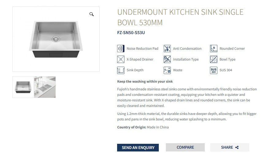 FUJIOH 58cm Single Bowl Undermount Stainless Steel Kitchen Sink (FZ-SN50-S53U)