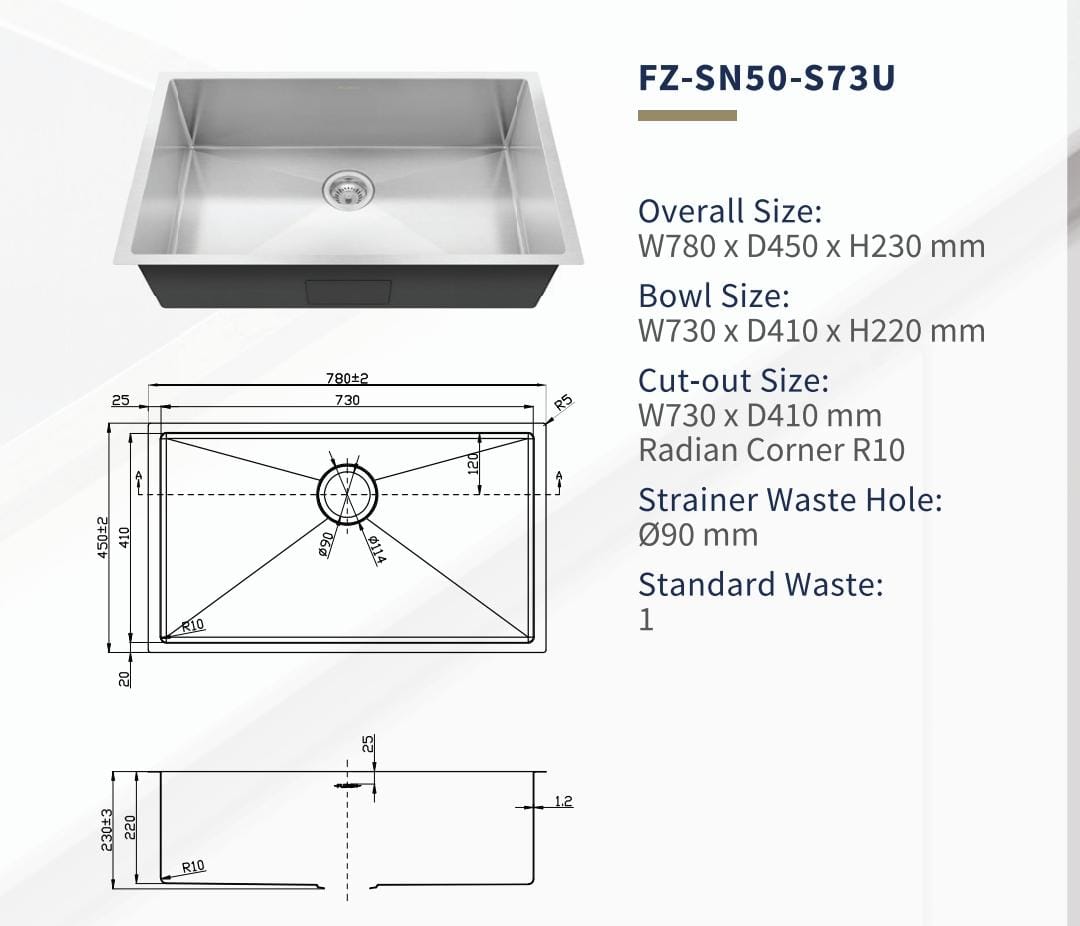 FUJIOH 78cm Single Bowl Undermount Stainless Steel Kitchen Sink (FZ-SN50-S73U)
