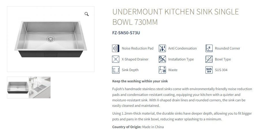 FUJIOH 78cm Single Bowl Undermount Stainless Steel Kitchen Sink (FZ-SN50-S73U)