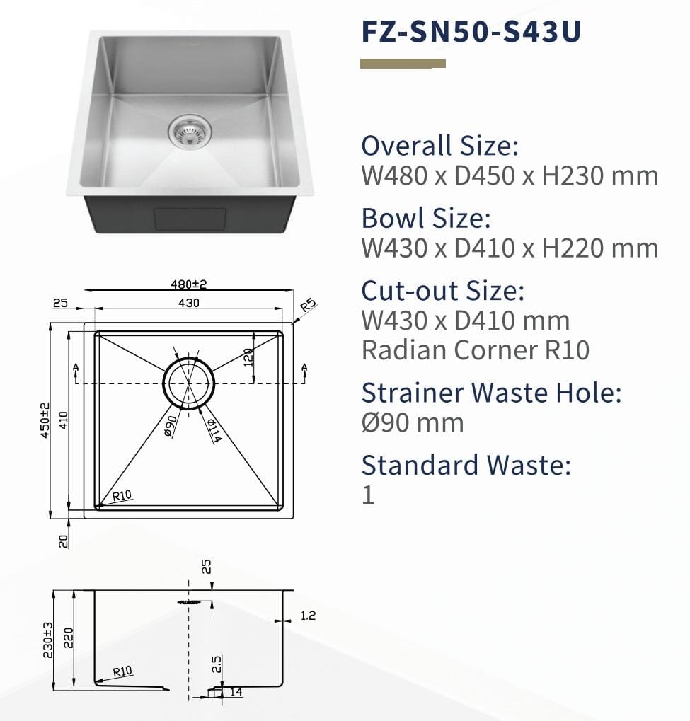FUJIOH 48CM Single Bowl Undermount Stainless Steel Kitchen Sink (FZ-SN50-S43U)