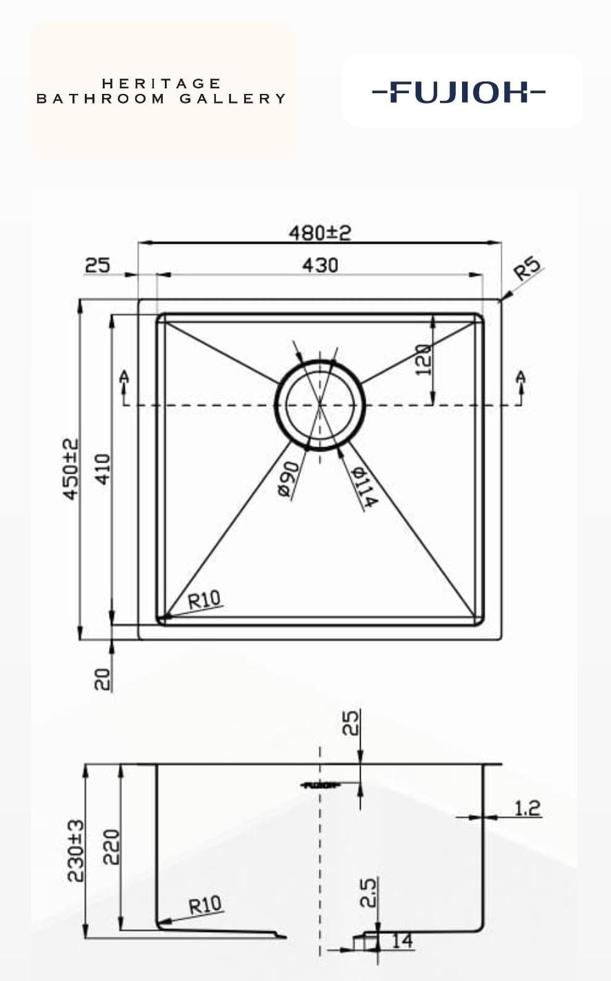 FUJIOH 48CM Single Bowl Undermount Stainless Steel Kitchen Sink (FZ-SN50-S43U)