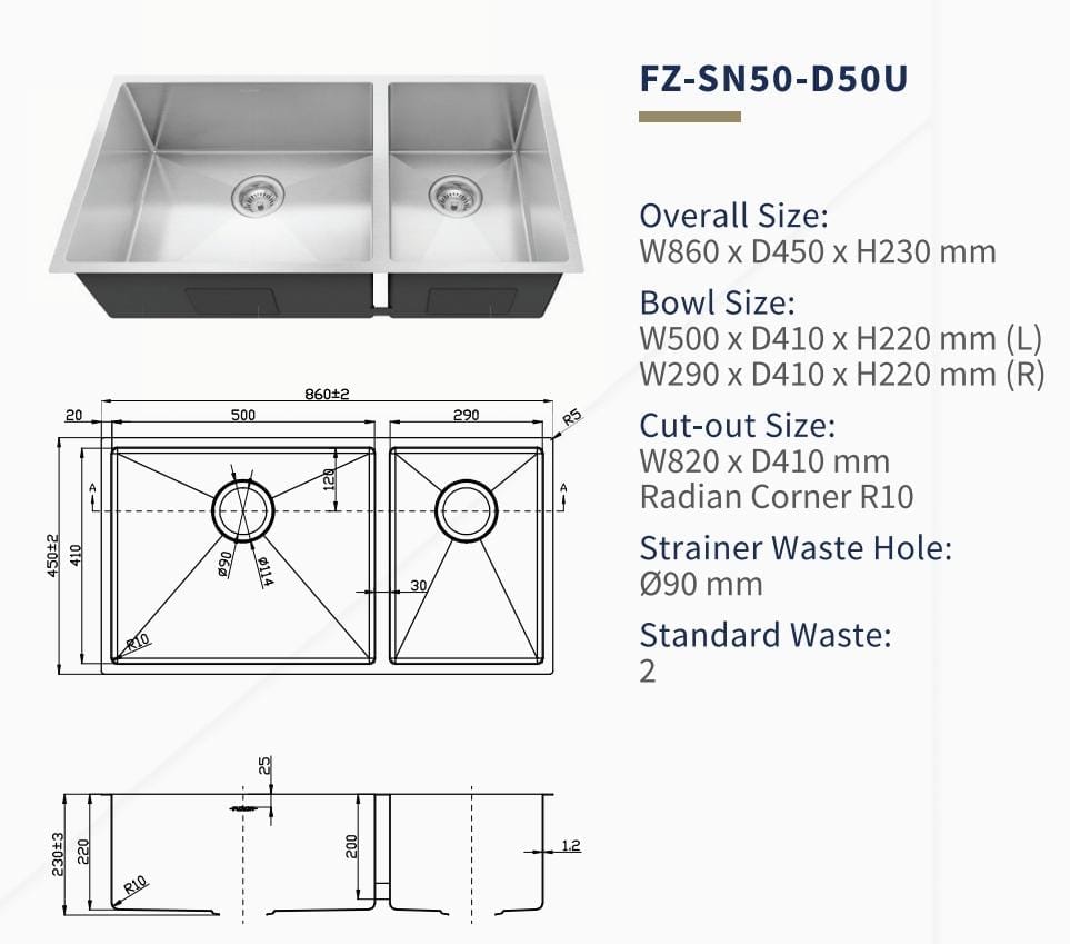 FUJIOH 86CM Double Bowl Undermount Stainless Steel Kitchen Sink (FZ-SN50-D50U)