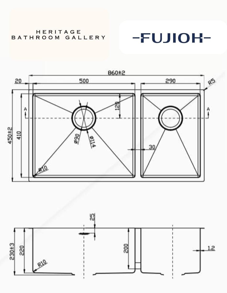 FUJIOH 86CM Double Bowl Undermount Stainless Steel Kitchen Sink (FZ-SN50-D50U)
