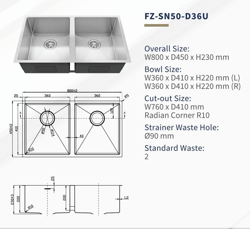 FUJIOH 80cm Double Bowl Undermount Stainless Steel Kitchen Sink (FZ-SN50-D36U)