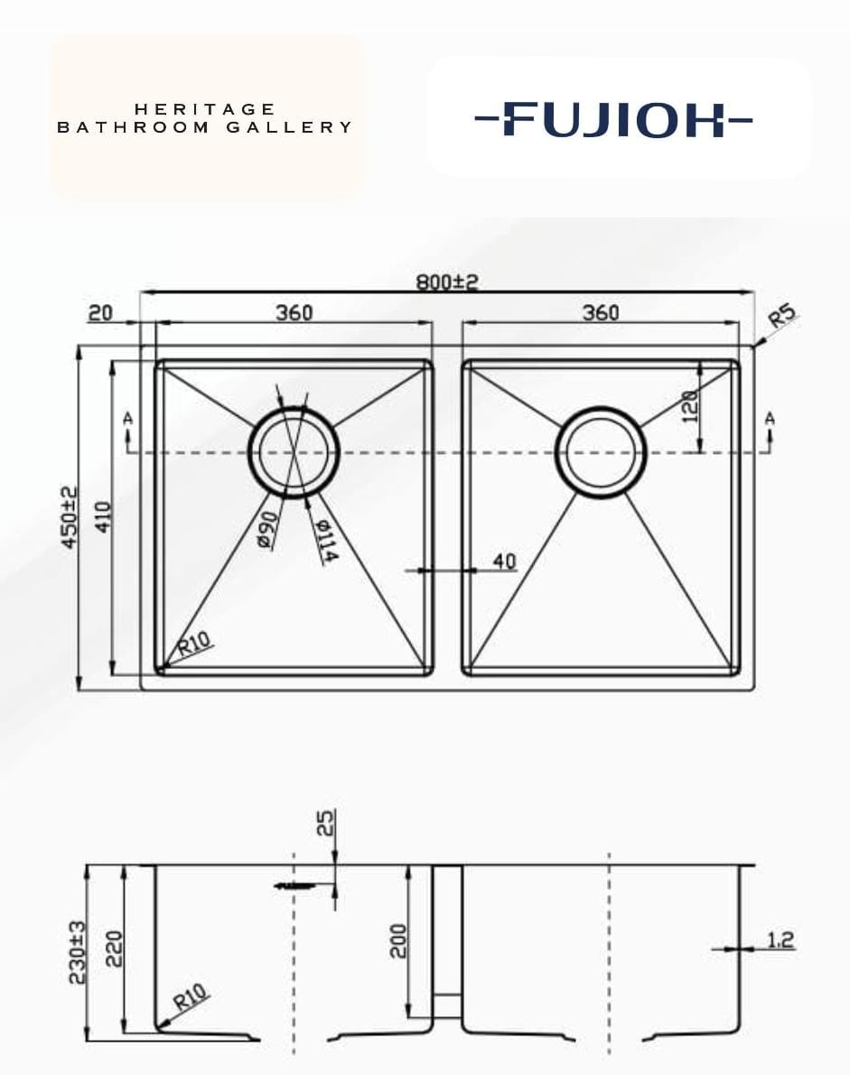 FUJIOH 80cm Double Bowl Undermount Stainless Steel Kitchen Sink (FZ-SN50-D36U)