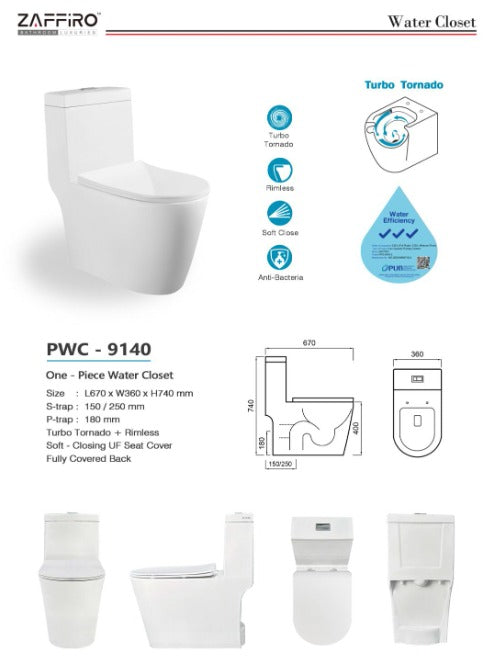 Zaffiro PWC-9140 One-Piece Toilet Bowl (Tornado Flush)