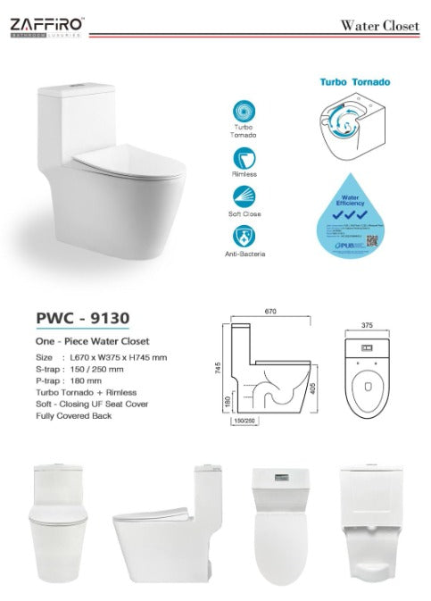 Zaffiro PWC-9130 One-Piece Toilet Bowl (Tornado Flush)