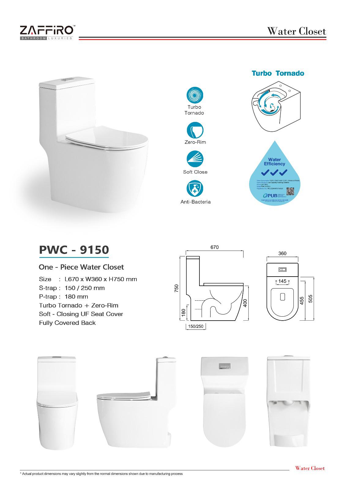 Zaffiro PWC-9150 One-Piece Toilet Bowl (Tornado Flush)