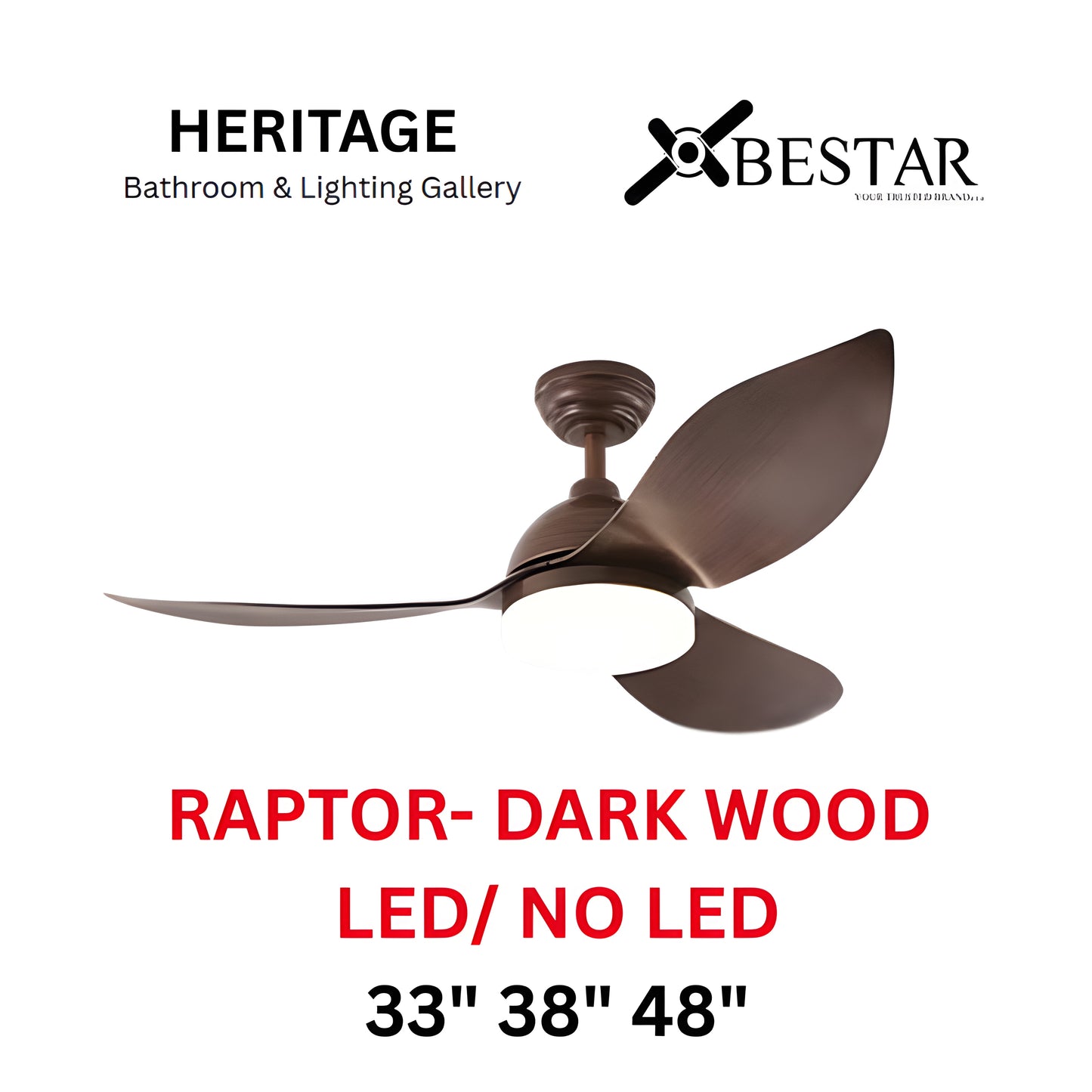 Bestar Raptor 33"/38"/48" Ceiling Fan (DARK WOOD)