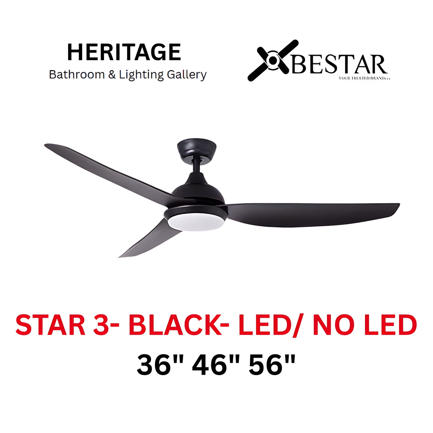 Bestar Star-3 36"/46"/56" Ceiling Fan (MATT BLACK)