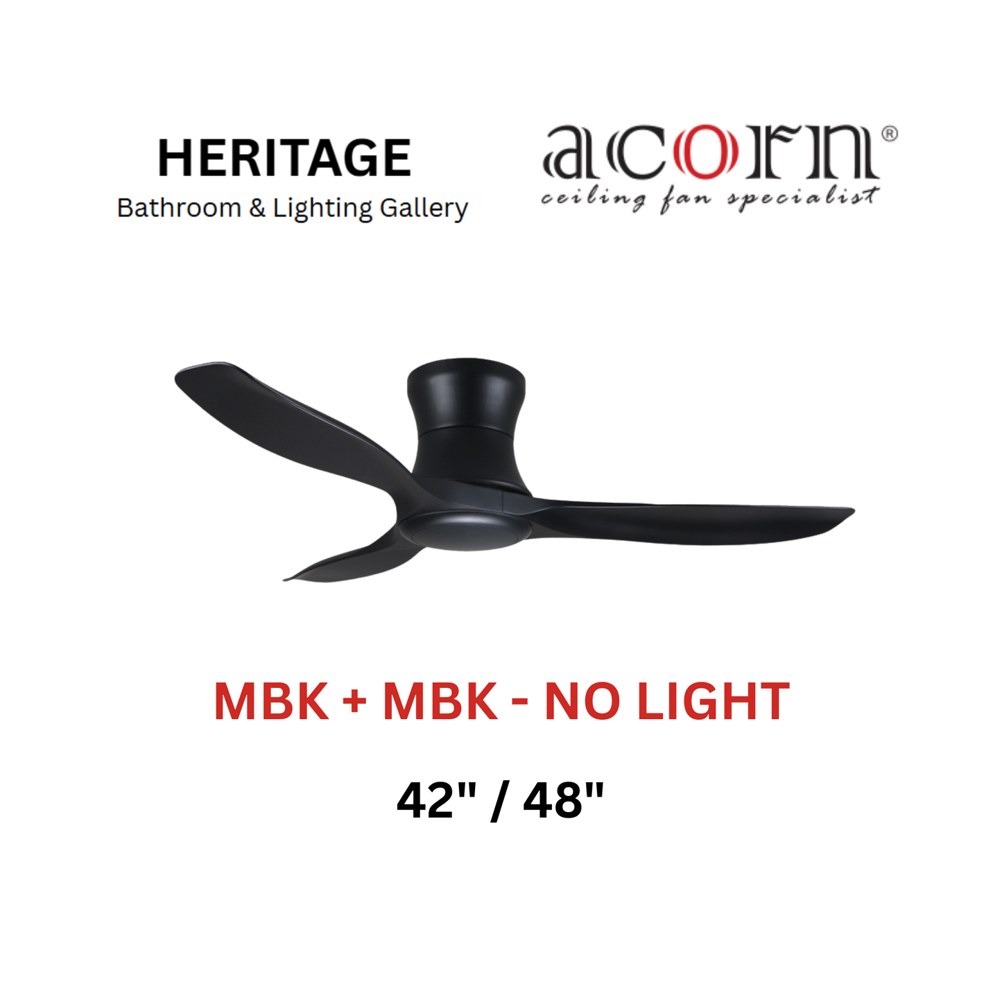 Acorn DC-168H Full Black No Light Ceiling Fan