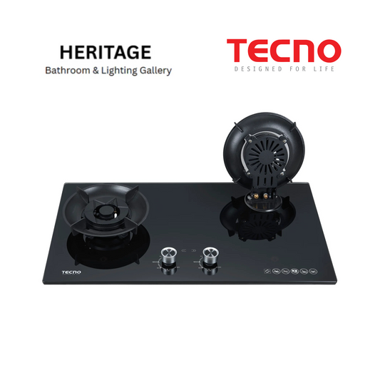 Tecno 2-Burner 76cm Tempered Glass Hob with Flip-Up Burners & Timer