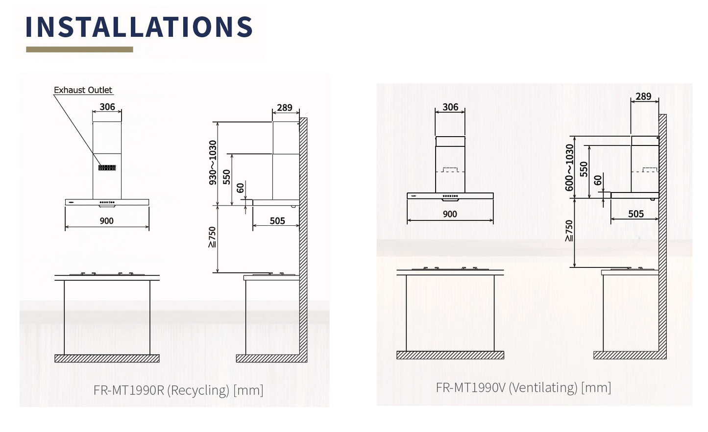 Fujioh FR-MT1990 GBK Chimney Hood With Glass Panel (900mm)